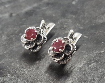 Ruby Earrings, Natural Ruby, July Birthstone, Flower Earrings, Vintage Flower Earrings, Red Ruby Earrings, July Earrings, Silver Earrings