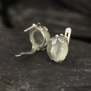 Prehnite Earrings, Natural Prehnite, May Birthstone, Green Leaf Earrings, Flower Earrings, Art Nouveau Earrings, Silver Earrings, May Studs image 8