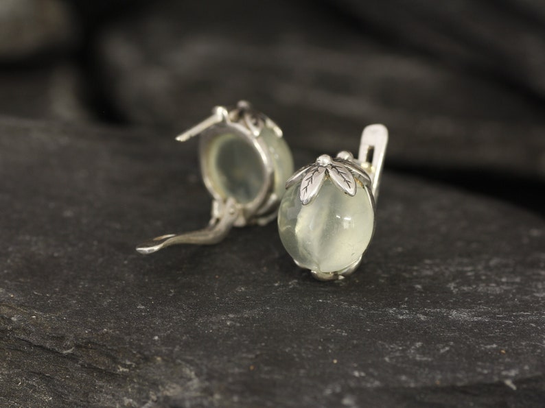 Prehnite Earrings, Natural Prehnite, May Birthstone, Green Leaf Earrings, Flower Earrings, Art Nouveau Earrings, Silver Earrings, May Studs image 8