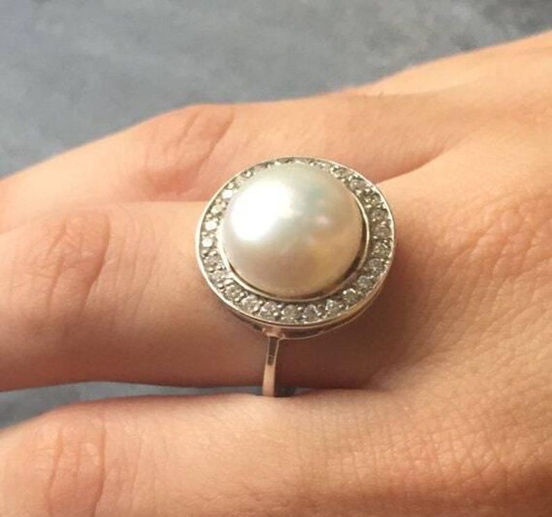 White Pearl Ring, Natural Pearl Ring, Pearl Ring, Large Pearl Ring, Vintage Pearl Ring, June Birthstone, June Ring, Solid Silver Ring, Pearl image 2
