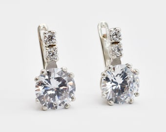 Pendientes vintage, pendientes de diamantes, diamante de 2 quilates, diamante sintético, pendientes de diamantes para novias, pendientes de novia, diamantes CZ, plata maciza