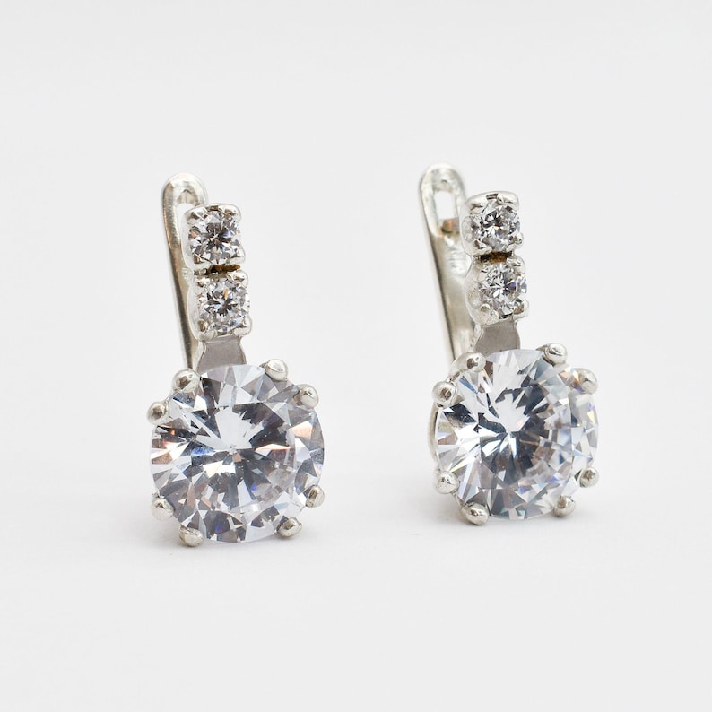 Vintage Earrings, Diamond Earrings, 2 carat Diamond, Created Diamond, Bridal Diamond Earrings, Bridal Earrings, CZ Diamonds, Solid Silver image 1