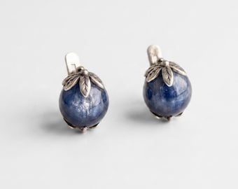 Bladoorbellen, kyanietoorbellen, natuurlijk kyaniet, bloemenoorbellen, blauwe bloemoorbellen, blauwe oorbellen, helende steen, massief zilver, kyaniet