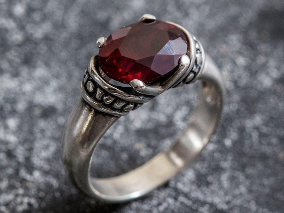 Holibanna Anello da donna con pietra rossa, in granato rosso