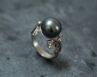 Ribbon Ring, Black Pearl Ring, Natural Pearl Ring, June Birthstone, Pearl and Diamond, Vintage Pearl Ring, June Ring, Solid Silver Ring