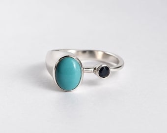 Arizona Turquoise Ring, Natural Burmese Sapphire Accent, Oval Cabochon Silver Ring