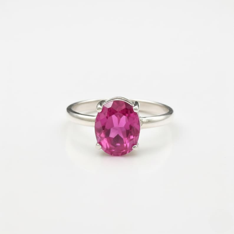 Anello con alessandrite rosa, alessandrite creata in laboratorio, anello ovale rosa, anello di proposta, anello di promessa, anello con diamante rosa, anello unico, anello in argento massiccio immagine 7