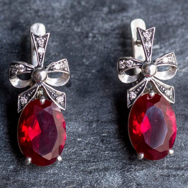 Large Ruby Earrings, Ribbon Earrings, Created Ruby Earrings, Vintage Earrings, Silver Ribbon, Ruby Earrings, Red Earrings, Antique Earrings