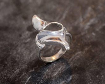 Könnte beinhalten: Ein silberner Ring mit einem einzigartigen, abstrakten Design. Der Ring ist aus glattem, gebogenem Metall gefertigt und hat einen modernen, minimalistischen Stil.