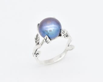 Black Pearl Ring, Natural Black Pearl, Pearl Leaves Ring, Silver Branch Ring, Olive Leaves Ring, Pearl Cocktail Ring, For Her, Adina Stone