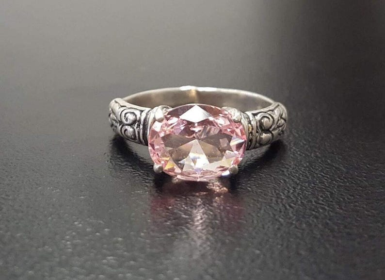 Morganite Ring, Created Morganite, Pink Diamond Ring, Pink Bohemian Ring, Pink Ring, Horizontal Ring, Vintage Rings, Silver Ring, Morganite image 3