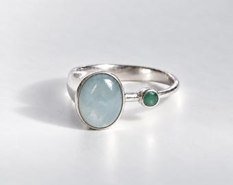 Aquamarine Ring, Natural Aquamarine, Emerald Ring, Natural Emerald, March Birthstone ,May Birthstone, Solid Silver Ring, Pure Silver, Aqua