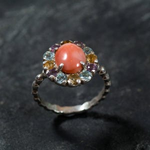 Anillo de coral natural, piedra de nacimiento de marzo, anillo de coral, coral rosa, anillo vintage, anillo de citrino, anillo de amatista, anillo de topacio azul, anillo de plata maciza imagen 3