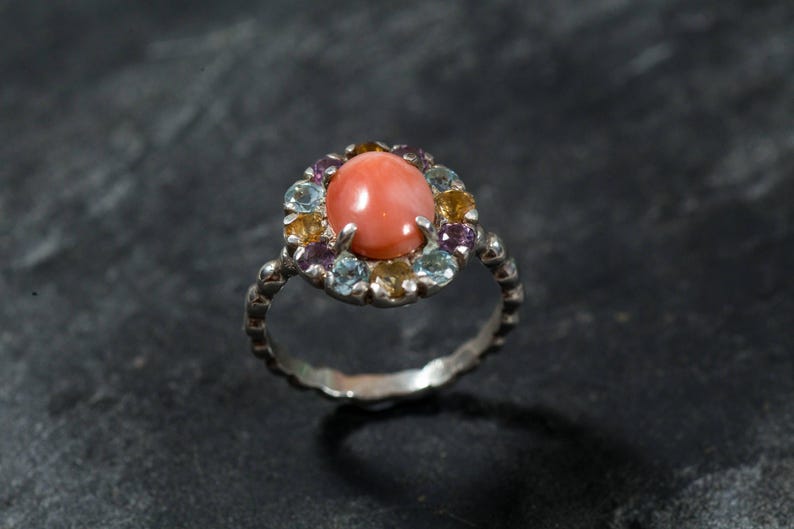 Anillo de coral natural, piedra de nacimiento de marzo, anillo de coral, coral rosa, anillo vintage, anillo de citrino, anillo de amatista, anillo de topacio azul, anillo de plata maciza imagen 3