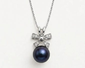 Black Pearl Necklace, Pearl Bow Pendant, June Birthstone Jewelry for Women
