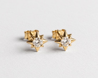 14K Natural Diamond Starburst Earrings, Dainty Diamond Studs, Fine Jewelry Celestial Gift
