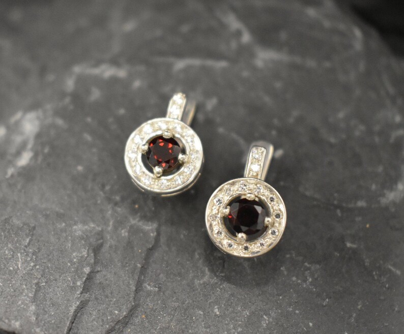 Natural Garnet January Birthstone Red Diamond Earrings Red Garnet Earrings Solid Silver Earrings Red Vintage Earrings Garnet Earrings
