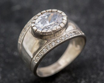 erstellt Diamant-Ring, Diamant-Ring, Labor Diamant-Ring, Lünette Ring, Weißer Diamant-Ring, Weißer Ring, breites Bandring, massiver Silberring, Diamant