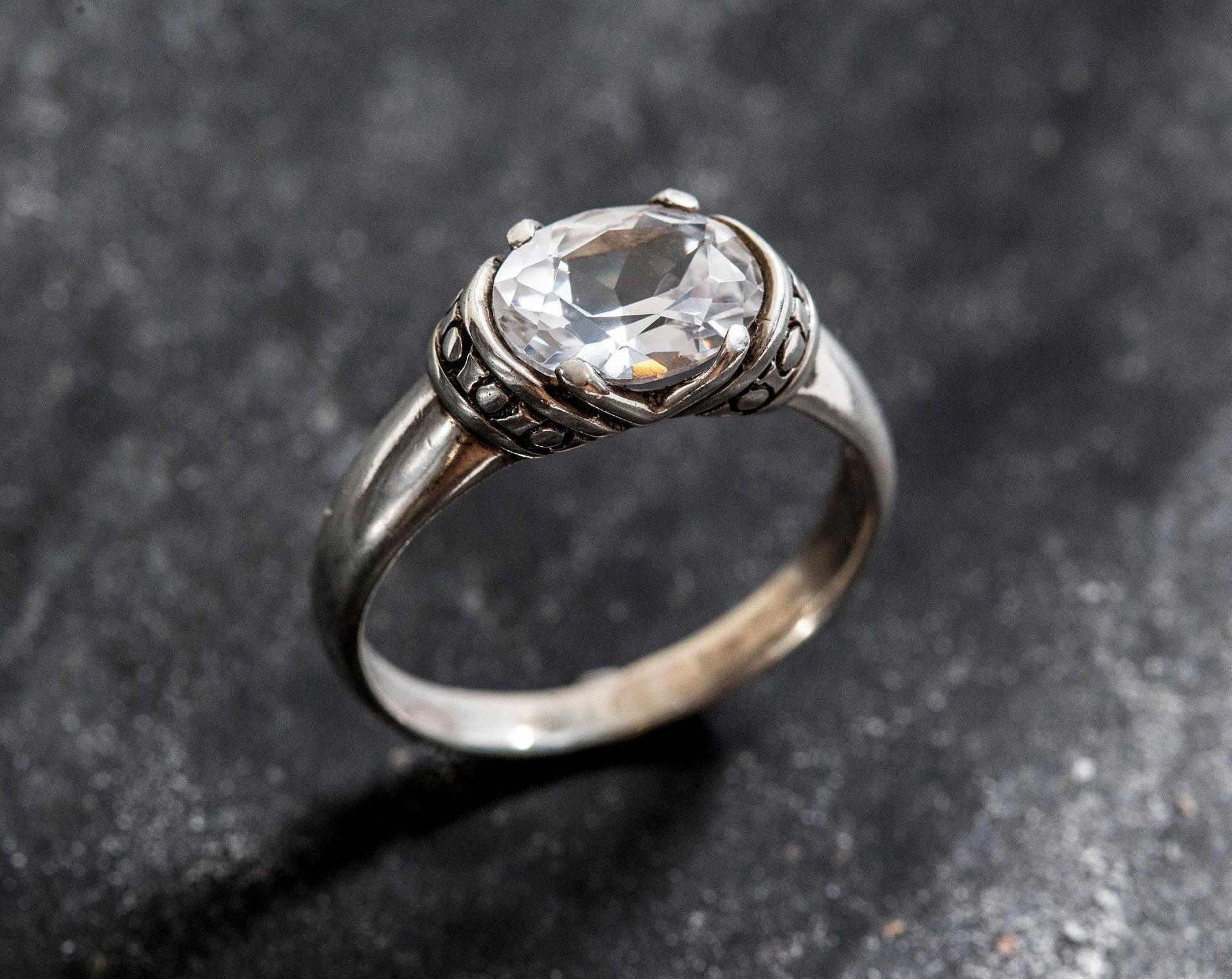 Bague Ancienne En Argent Massif Avec Topaze Baguette - Taille 50, Style Moderniste, Bijou Vintage
