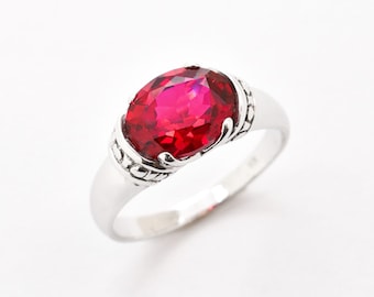 Tribal Ruby Ring, Created Ruby, Red Vintage Ring, Horizontal Ring, Antique Ring, 3 Carat Ruby, Statement Ring, Boho Ring, Solid Silver Ring