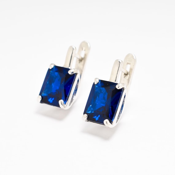 Blue Sapphire Earrings, Created Sapphire, Square Sapphire Earrings