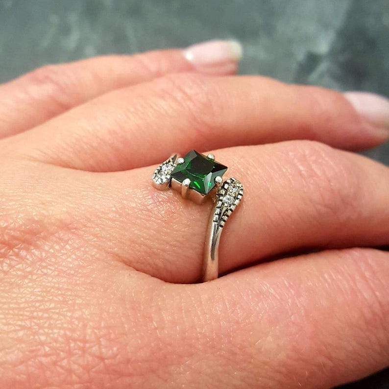 Emerald Ring, Created Emerald, Vintage Ring, Dainty Ring, Engagement Ring, Square Ring, Asymmetric Ring, Green Ring, Solid Silver Ring image 9
