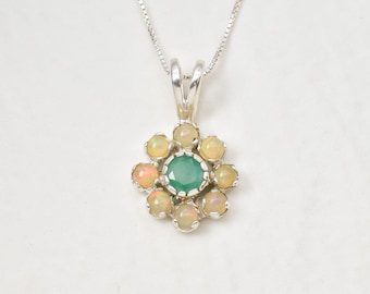 Flower Pendant, Natural Emerald, Natural Opal, Vintage Pendant, Dainty Necklace, October and May Birthstone, Daisy Pendant, Silver Pendant