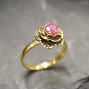 Ruby Ring, Gold Ruby Ring, Natural Ruby Ring, July Birthstone, Gold Flower Ring, Vintage Flower Ring, Gold Floral Ring, Solid Silver Ring image 7