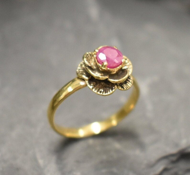 Ruby Ring, Gold Ruby Ring, Natural Ruby Ring, July Birthstone, Gold Flower Ring, Vintage Flower Ring, Gold Floral Ring, Solid Silver Ring image 7