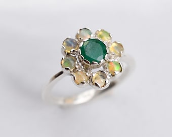 Emerald Ring, Opal Ring, Natural Emerald Ring, Natural Opal Ring, Vintage flower Ring, October Birthstone, May Birthstone, Solid Silver Ring
