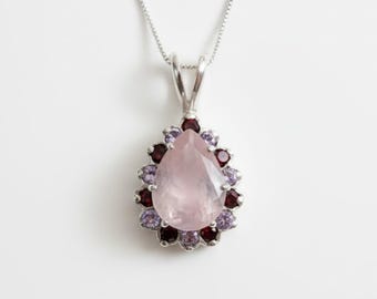 Rose Quartz Pendant, Natural Rose Quartz, Garnet Pendant, Amethyst Pendant, Pink Pendant, Tear Drop Pendant, Solid Silver Pendant, Quartz