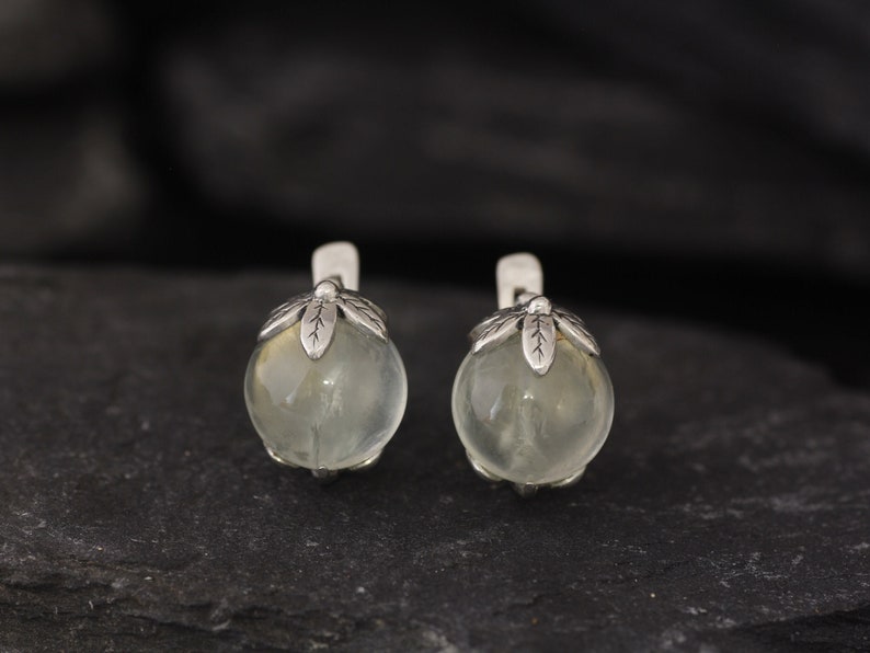 Prehnite Earrings, Natural Prehnite, May Birthstone, Green Leaf Earrings, Flower Earrings, Art Nouveau Earrings, Silver Earrings, May Studs image 7