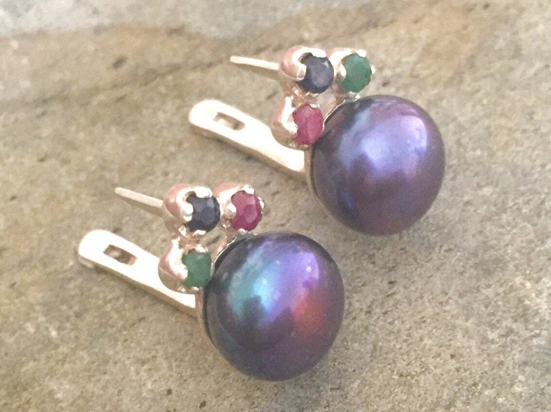 Black Pearl Earrings, Genuine Black Pearl, June Birthstone Necklace, Real Emerald, Natural Ruby, Genuine Sapphire, Solid Silver Necklace