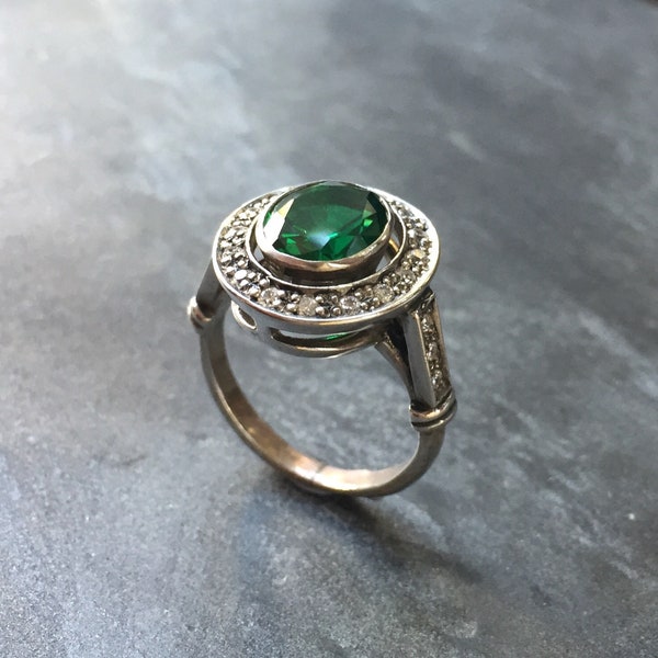 Emerald Ring, Antique Ring, Vintage Ring, Antique Emerald Ring, Antique Rings, Sterling Silver Ring, Green Vintage Ring, Created Emerald