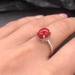 Red Coral Ring, Natural Coral, Solitaire Ring, Promise Ring, Simple Ring, Red Oval Ring, 3 Carat Ring, Proposal Ring, Solid Silver Ring image 8