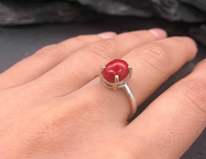 Red Coral Ring, Natural Coral, Solitaire Ring, Promise Ring, Simple Ring, Red Oval Ring, 3 Carat Ring, Proposal Ring, Solid Silver Ring image 8