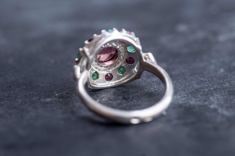 Pink Tourmaline Ring, Natural Emerald Ring, Natural Ruby Ring, Vintage Silver Ring, Victorian Ring, Pink Vintage Ring, Pink Tourmaline, Ruby image 9