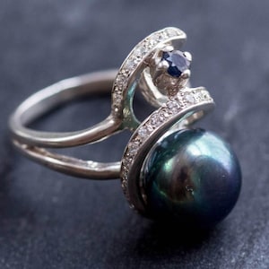 Black Pearl Ring, Natural Pearl, Pearl Ring, June Birthstone, Vintage Rings, Vintage Pearl Ring, Black Pearl, Solid Silver Ring, CZ Diamonds