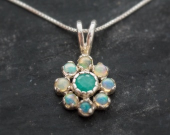 Flower Pendant, Natural Emerald, Natural Opal, Vintage Pendant, Dainty Necklace, October and May Birthstone, Daisy Pendant, Silver Pendant
