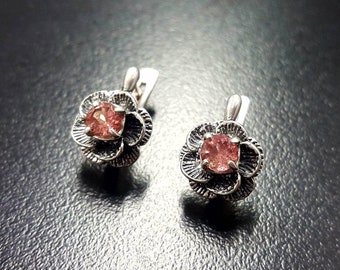 Pink Rose Earrings, Pink Tourmaline, Vintage Earrings, Pink Flower Earrings, Tourmaline Earrings, Stud Earrings, Rose, Solid Silver Earrings