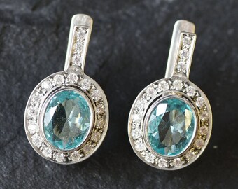 Aquamarine Earrings, Created Aquamarine, Victorian Earrings, Vintage Earrings, Blue Diamond Earrings, Blue Aqua Earrings, Silver Earrings