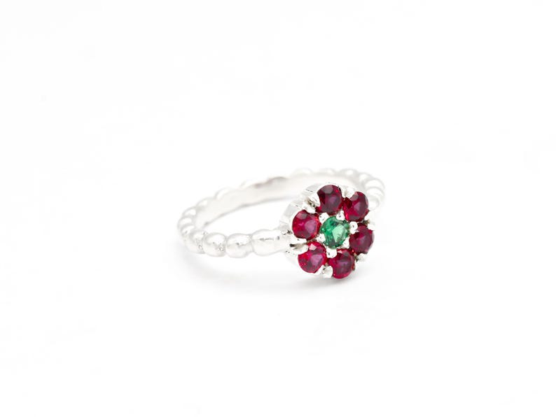 Ruby Flower Ring, Created Ruby, Daisy Emerald Ring, Dainty Flower Ring, Red Gemstone Ring, Silver Bubble Band, For Her, Adina Stone