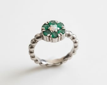 Natuurlijke smaragd ring, natuurlijke opaal ring, geboortesteen mei, ring mei, geboortesteen oktober, vintage ring smaragd, vintage zilveren ring, smaragd