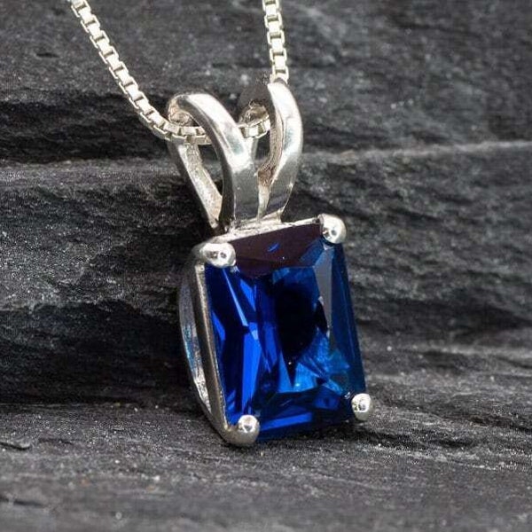 Sapphire Pendant, Dainty Necklace, Created Sapphire Pendant, Baguette Necklace, Sterling Silver Necklace, Emerald Cut Pendant, Emerald Cut