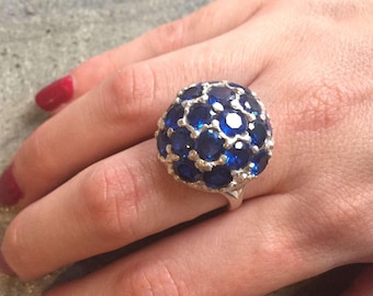 Statement Ring, Created Sapphire, Sapphire Ring, Round Sapphire Ring, Diamond Cut, Unique Ring, Blue Sapphire Ring, Sphere, Solid Silver