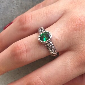 Tribal Emerald Ring, Created Emerald, Antique Ring, Vintage Ring, Bohemian Ring, Thick Band Ring, Sterling Silver Ring, Green Solitaire Ring image 2