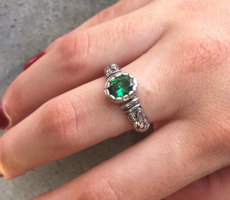 Tribal Emerald Ring, Created Emerald, Antique Ring, Vintage Ring, Bohemian Ring, Thick Band Ring, Sterling Silver Ring, Green Solitaire Ring image 2