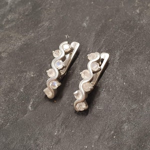 Moonstone Earrings, Natural Rainbow Moonstone, White Drop Earrings, June Birthstone Earrings, Vertical Wavy Earrings, Long White Earrings