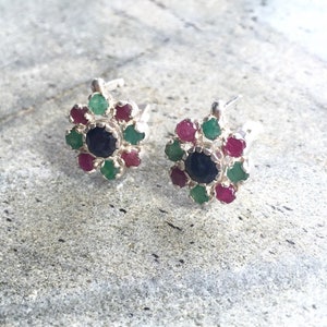 Sapphire Earrings, Emerald Earrings, Ruby Earrings, Natural Sapphire, Natural Emerald, Natural Ruby, Flower Earrings, Solid Silver Earrings image 1