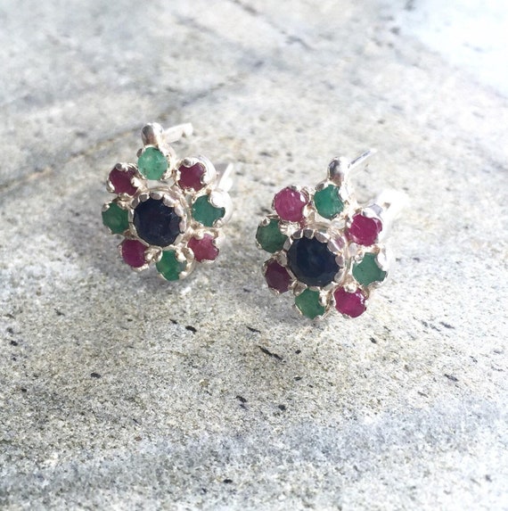Sapphire Earrings, Emerald Earrings, Ruby Earrings, Natural Sapphire, Natural Emerald, Natural Ruby, Flower Earrings, Solid Silver Earrings